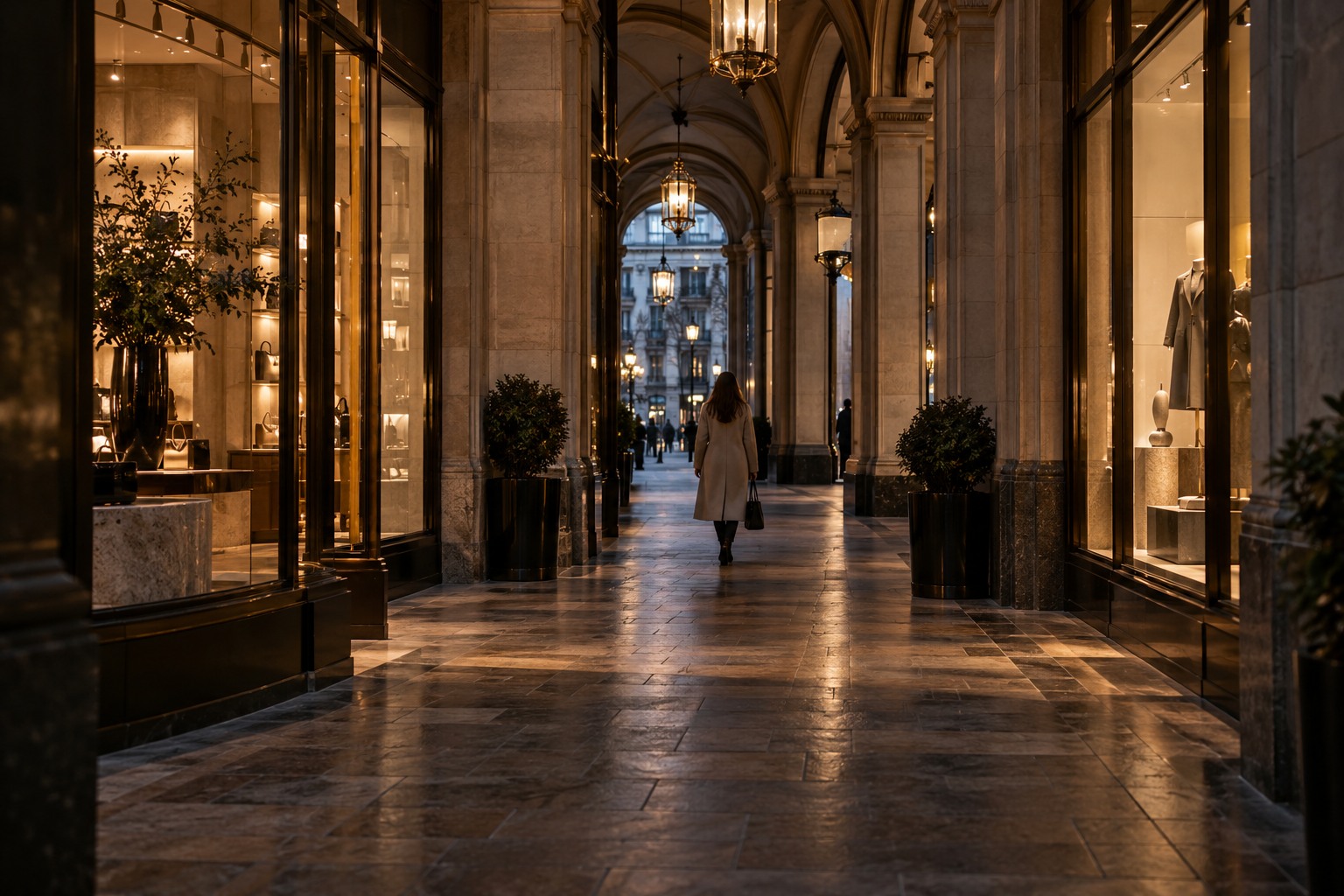 A quiet luxury retail arcade at twilight