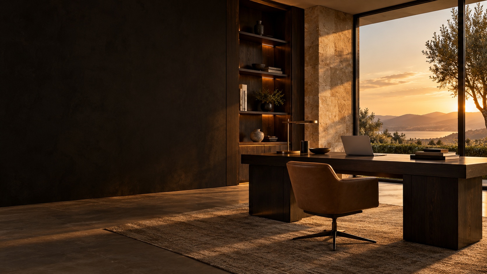 A discreet private home office with warm architectural light and an understated laptop.
