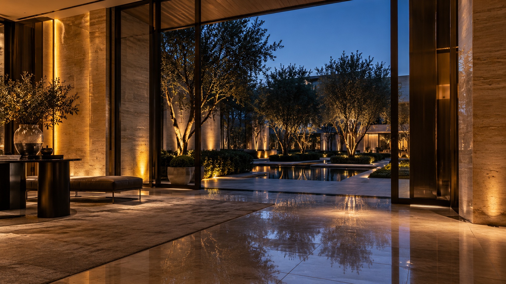A calm architectural interior looking outward toward a private courtyard at dusk.