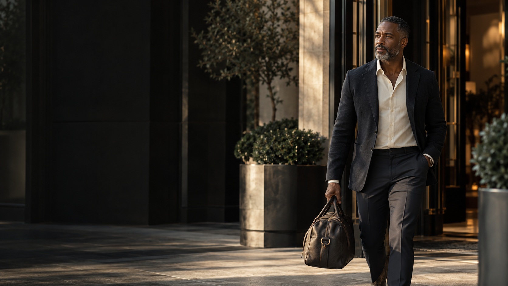 A composed family principal moving from a refined hotel into the next part of his day.