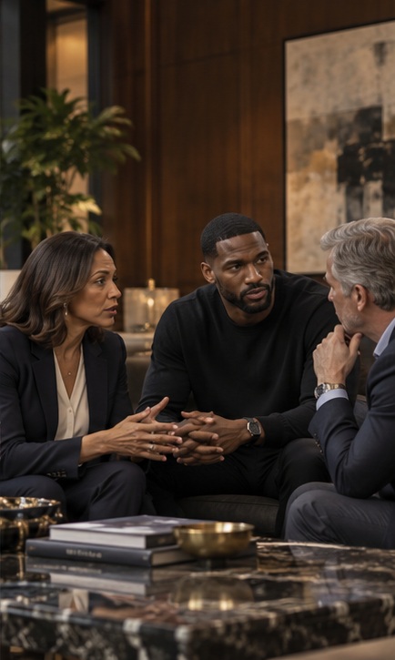 The player and trusted advisors in professional conversation.
