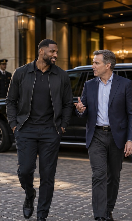 The athlete and trusted agent arriving at a hotel.