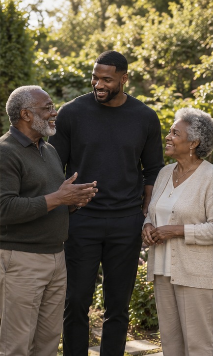 Generations in natural conversation in a private garden.