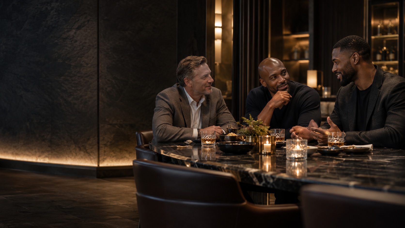 Players and an association representative in relaxed professional conversation in a private lounge.