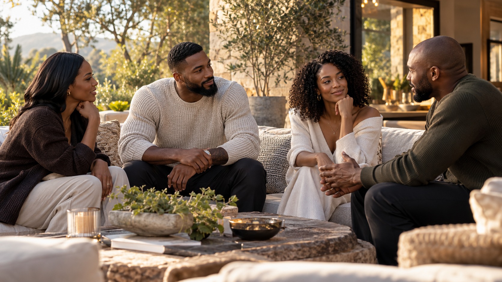 An athlete and his partner in relaxed conversation with people they trust in a warm garden living space
