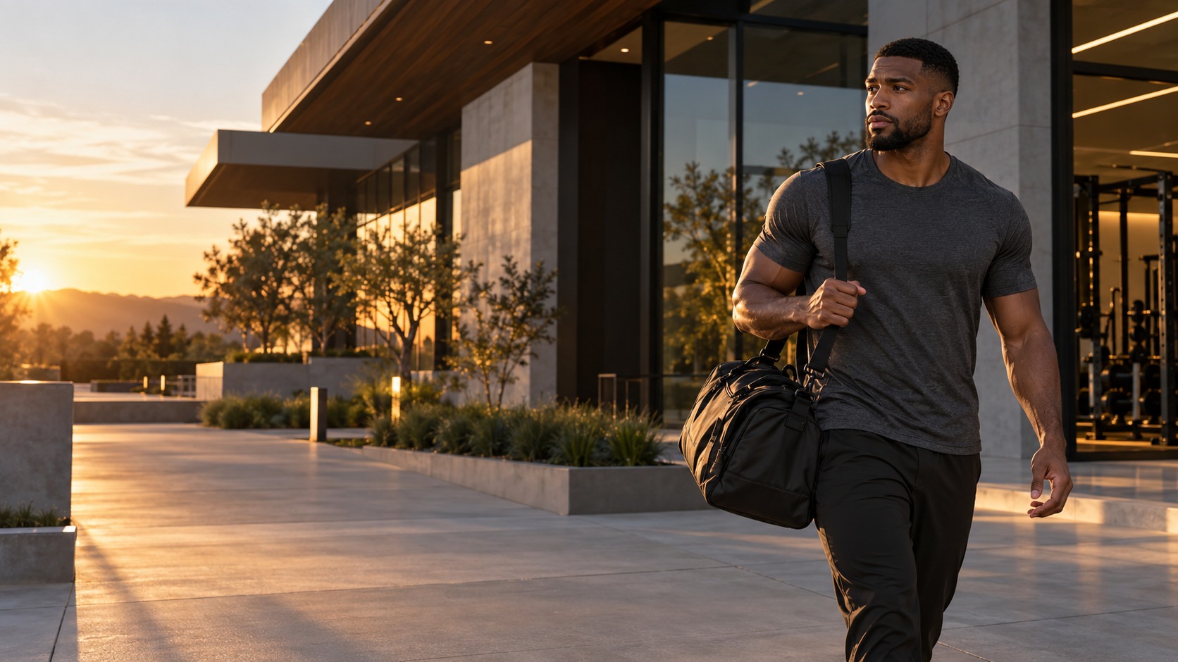 A composed professional athlete leaving a contemporary training facility with a bag at golden hour