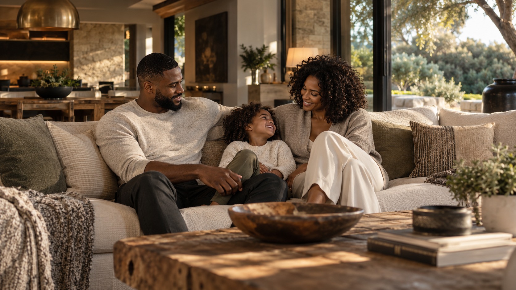 An athlete enjoying conversation with his partner and child at home