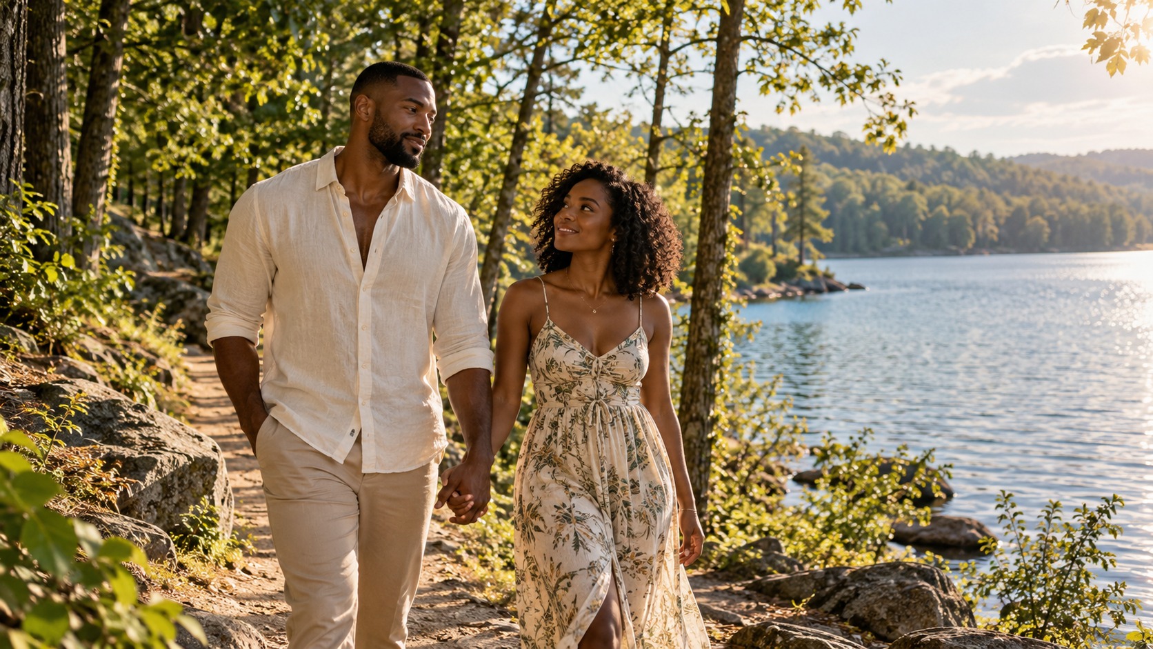 An athlete and his partner enjoying a wooded lakeside walk