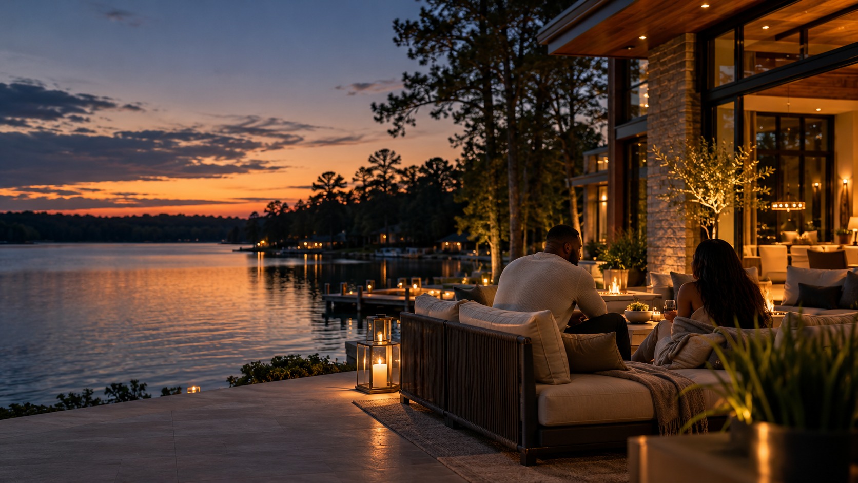 A warmly illuminated waterside home and two people enjoying a quiet evening on the terrace
