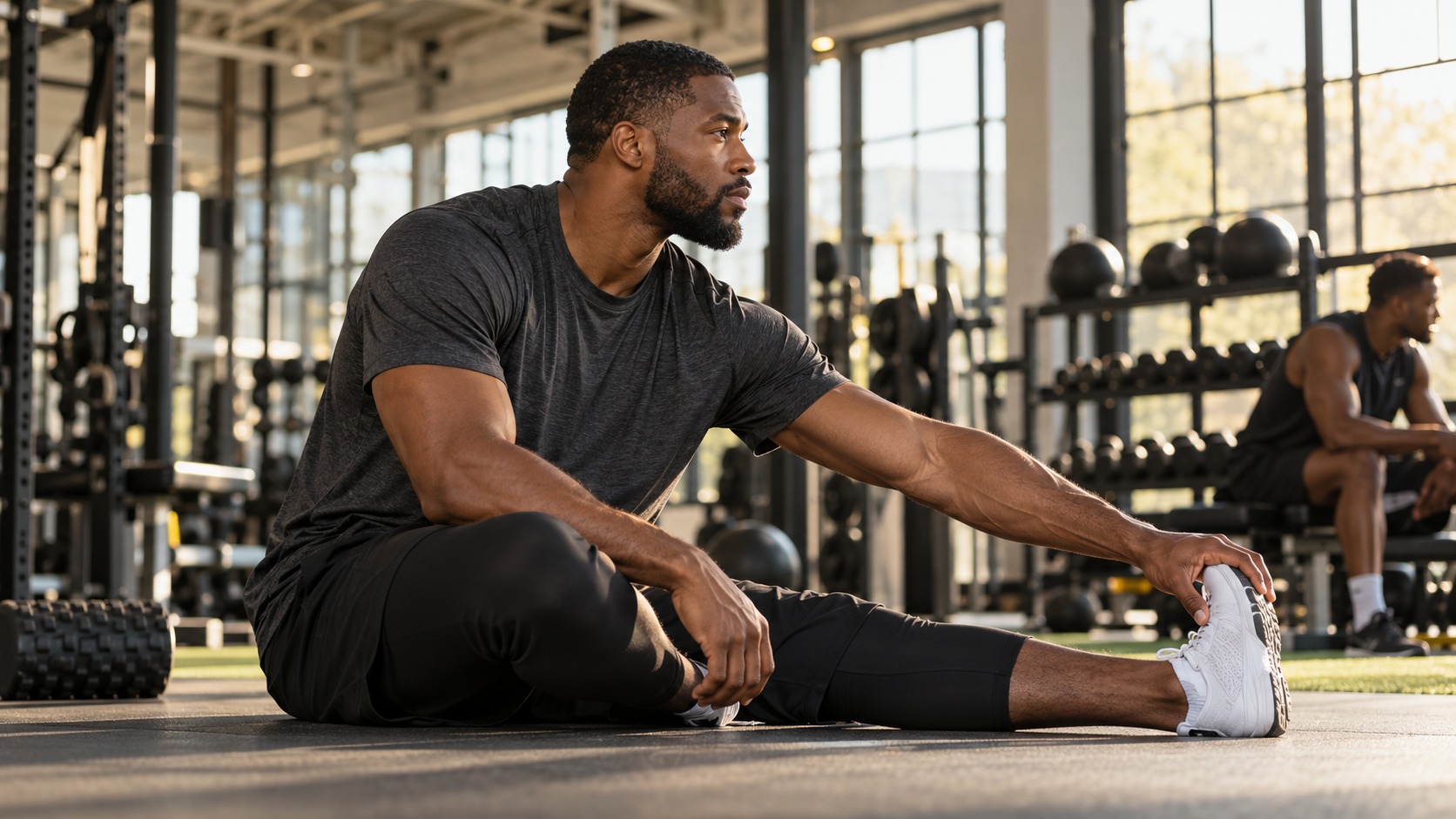 An athlete stretching in a professional training environment