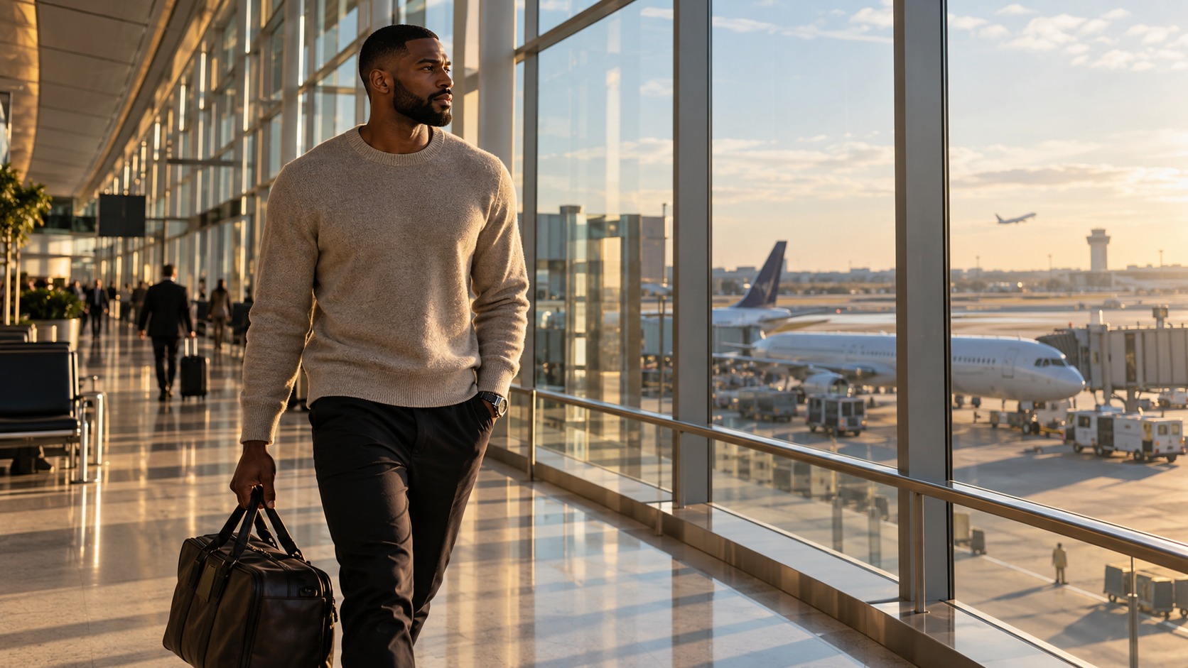An athlete moving through a quiet airport with a travel bag