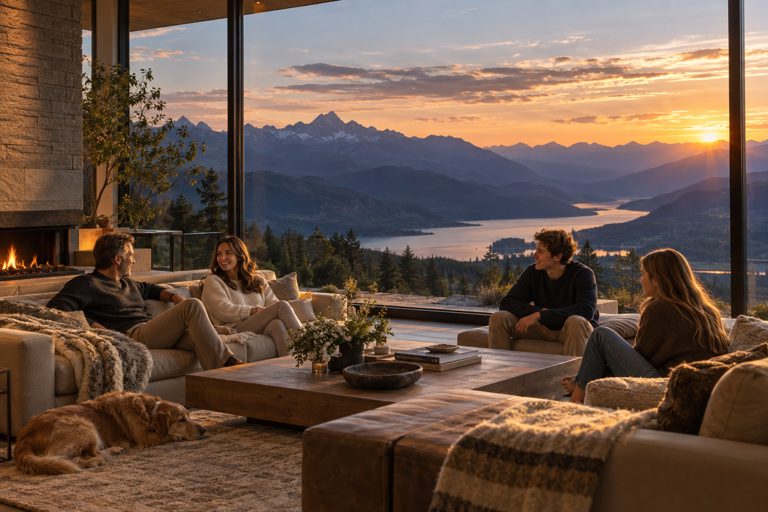 A family enjoying conversation inside a contemporary mountain home