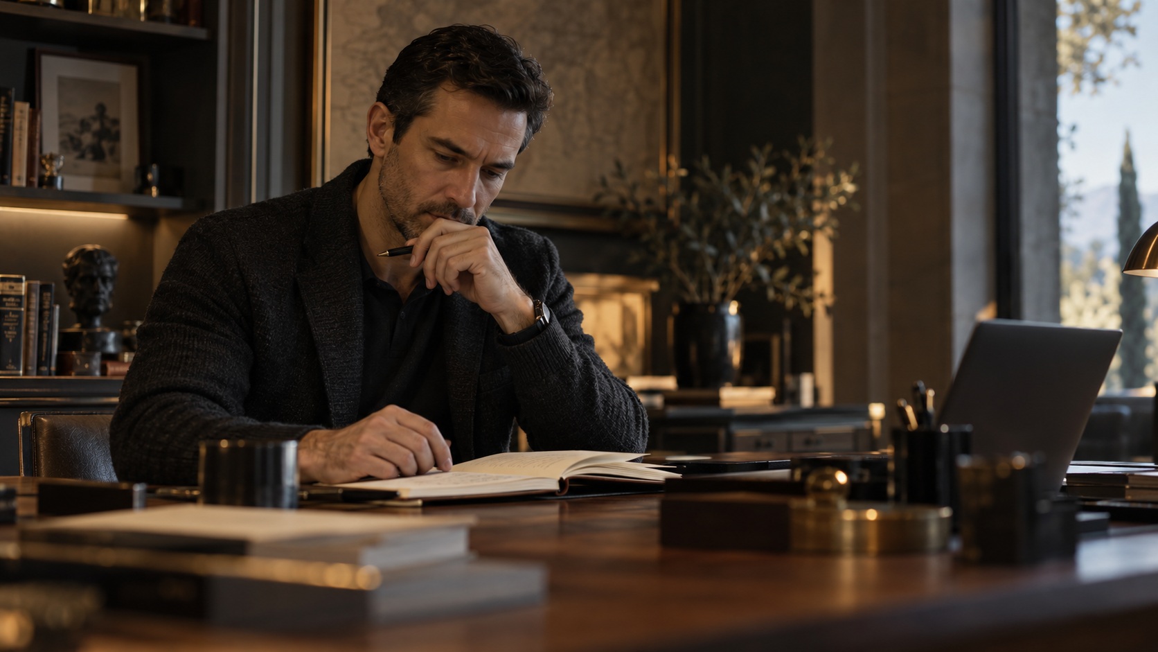 An intelligence professional working discreetly with a notebook at a private desk.