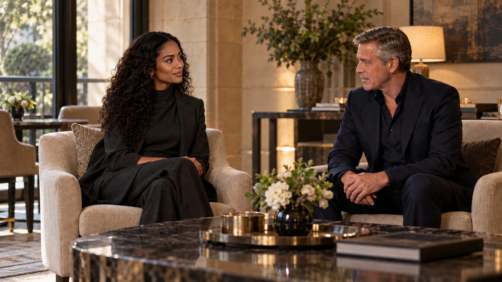 The entertainer and her experienced agent in a discreet industry setting.