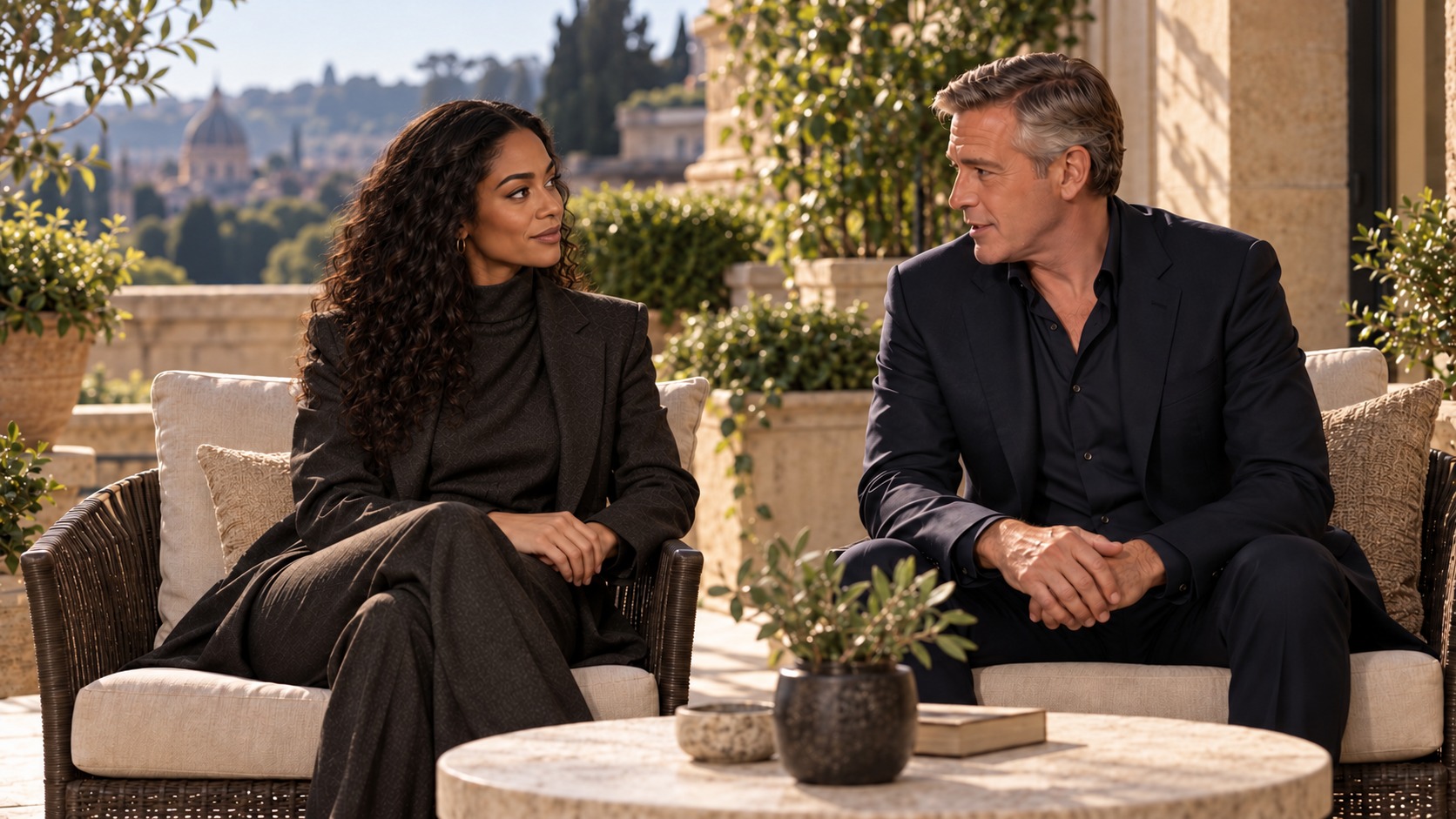 The entertainer and her agent in a quiet professional conversation on a private hotel terrace.