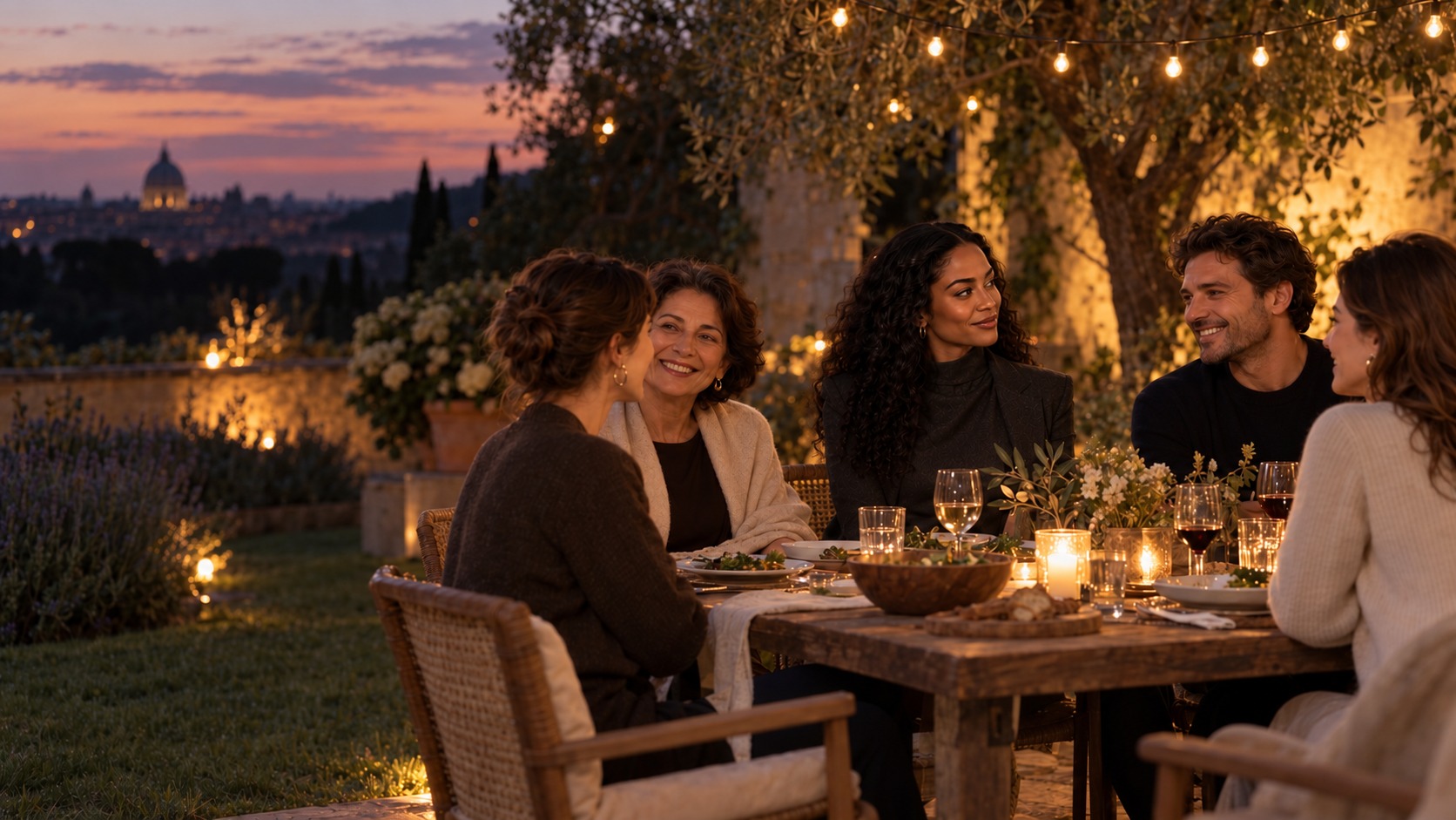 The entertainer sharing a private evening with family and friends in a quiet garden.