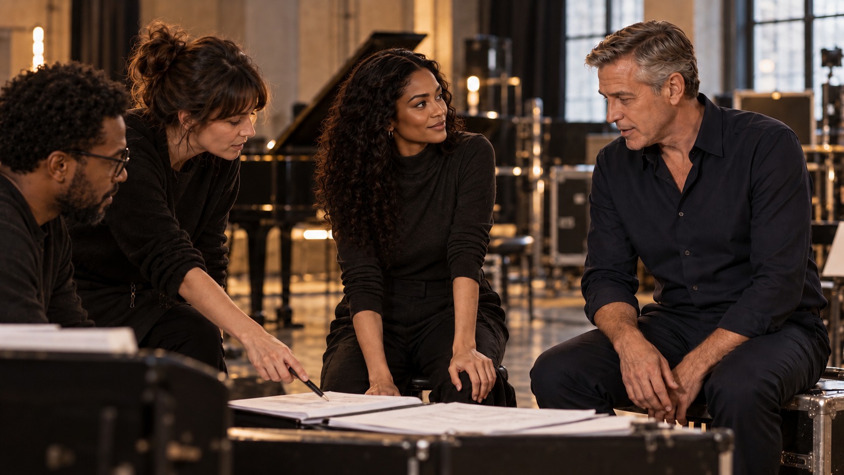 The entertainer working with trusted collaborators in a production studio.