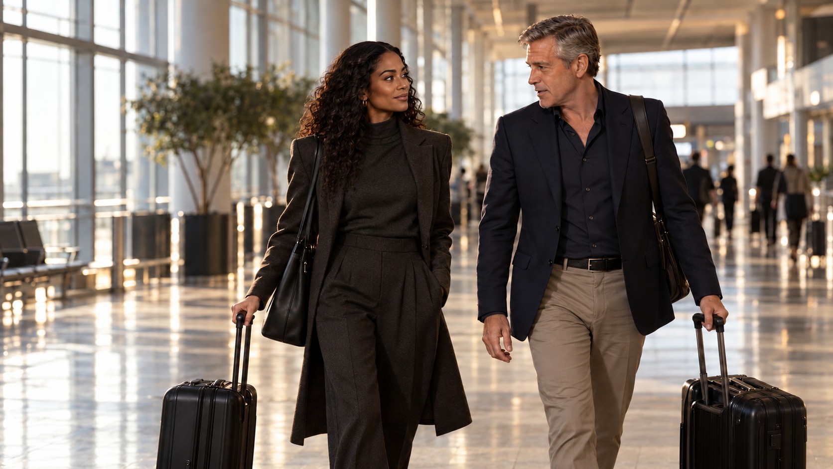The entertainer and her agent moving through an airport.