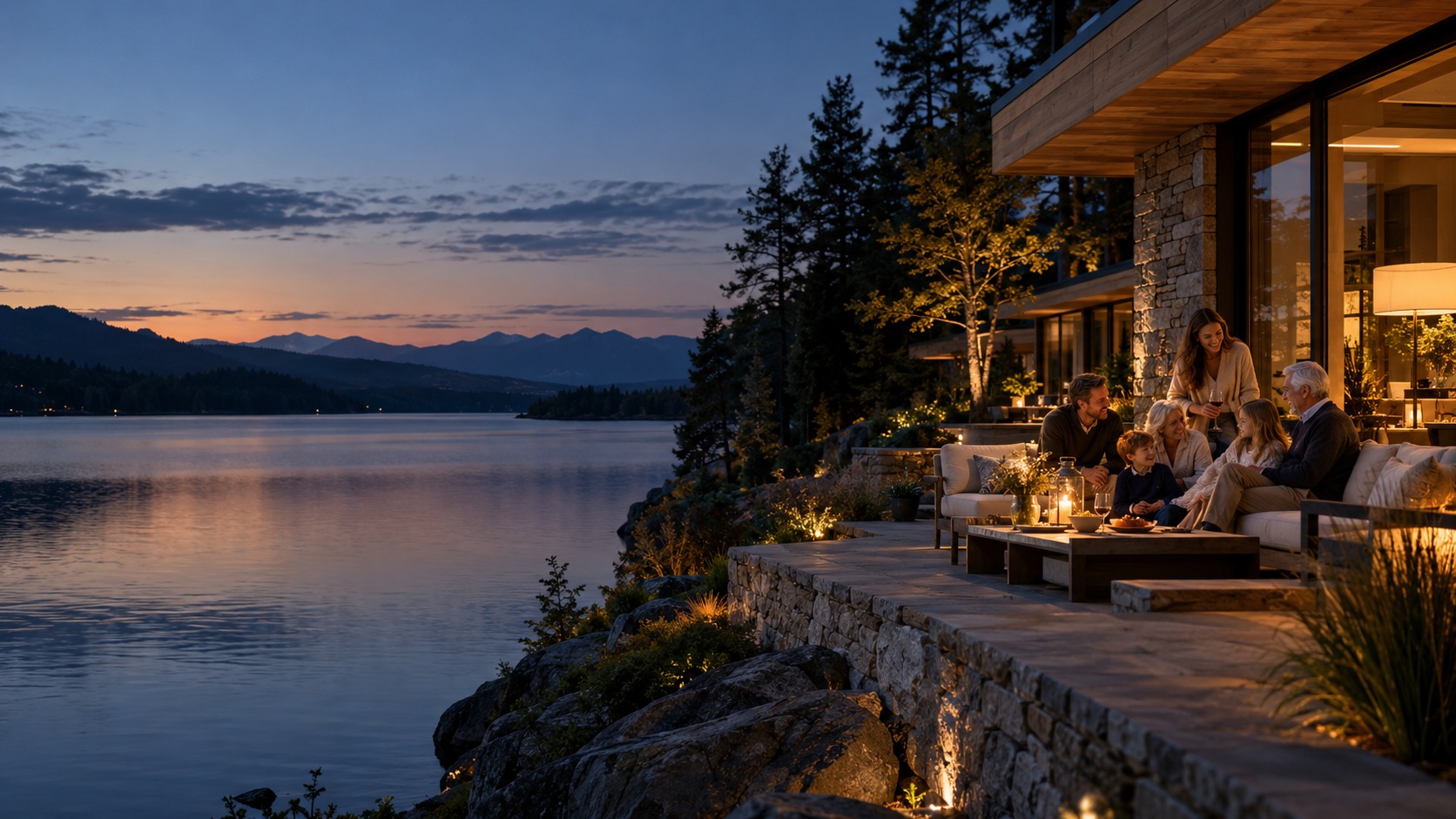 A peaceful lakeside residence with warm interior light at the edge of evening.
